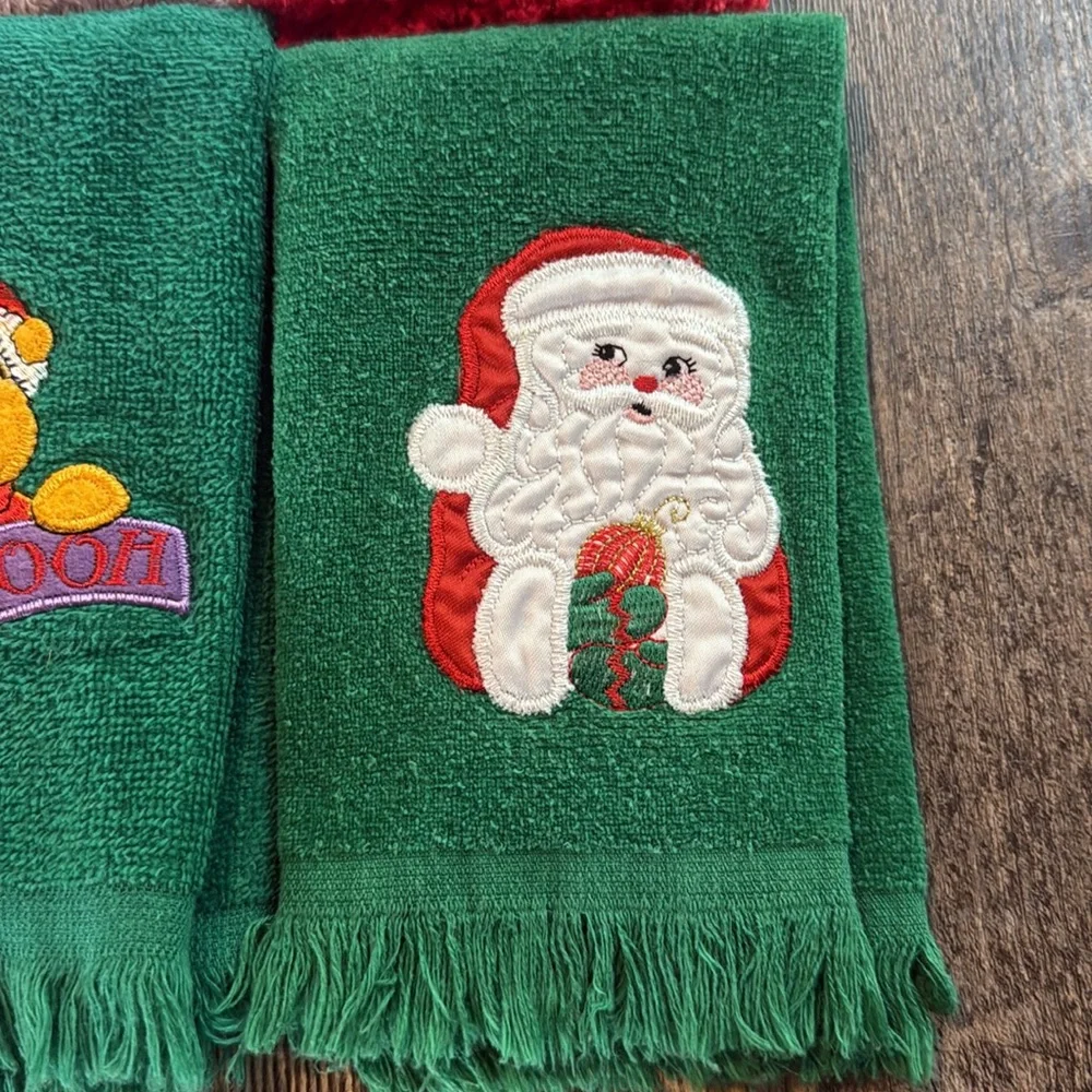 Vintage Set Of 6 Hand Guest Towels Christmas Holiday Fringe Cotton Embroidered
